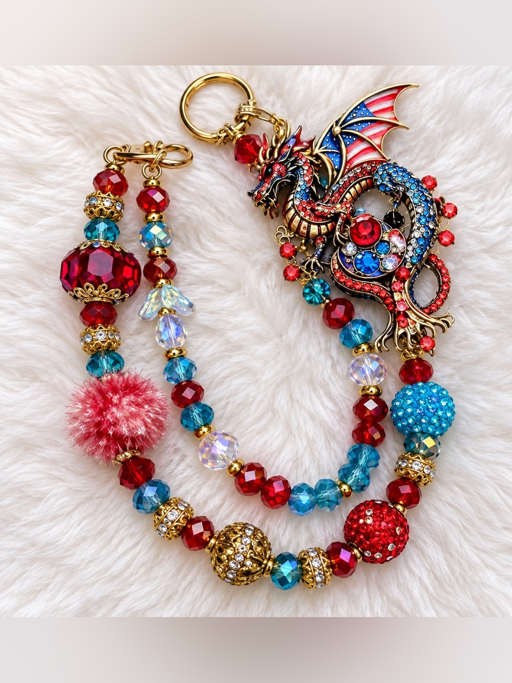 Handcrafted Red & Blue Dragon Pendant Statement bag charm